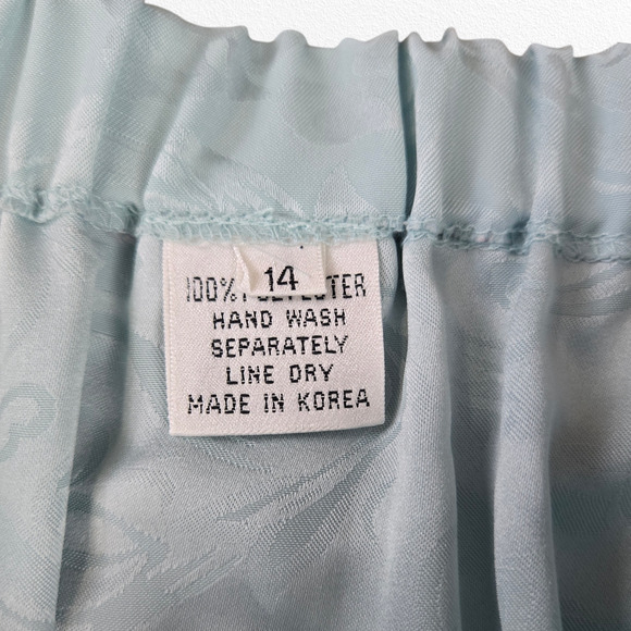 80s Vintage Light Blue Satin Floral Jacquard Lace Tunic Blouse Skirt Set Size 8 - Picture 11 of 14